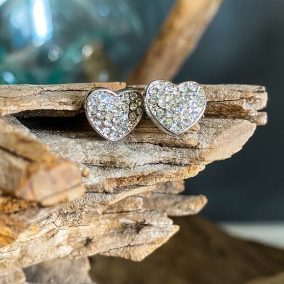 Silver Heart Pave Stud Earrings - Picture 1 of 6